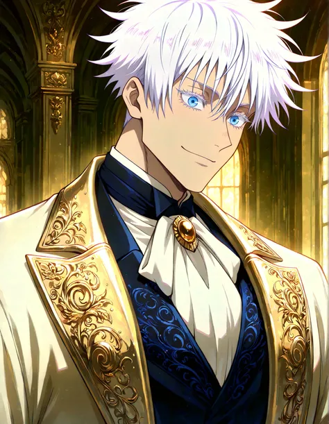 (masterpiece, best quality, highly detailed, mature) male, solo, 1man,adult, male focus, smile, gojou satoru, jujutsu kaisen, blue eyes, white hair, short hair, sexy man, handsome face,  colored eyelashes, handsome face, beautiful face, beautiful colors, m...