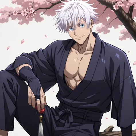1boy, gojou satoru, jujutsu kaisen, short hair, hair between eyes, blue eyes, muscular, handsome, sexy man, white hair, cool,solo, looking at viewer, holding, closed mouth, sitting,  male focus, flower, japanese clothes, pants, tassel, cherry blossoms, bri...