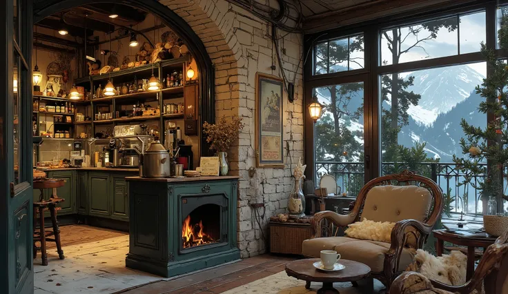 depicts a cafe built with natural brick , rustic and beautiful , looking from the window onto the lake and snow-capped mountains , It there is a beautiful shiny metal coffee pot , glass counter with bread and pastries , with comfortable wooden stools , ...