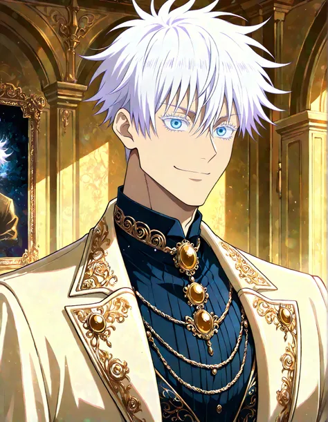 (masterpiece, best quality, highly detailed, mature) male, solo, 1man,adult, male focus, smile, gojou satoru, jujutsu kaisen, blue eyes, white hair, short hair, sexy man, handsome face,  colored eyelashes, handsome face, beautiful face, beautiful colors, m...