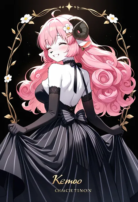 1girl, (furry, kemono:1.4), sheep girl, animal nose, sheep horns, pink hair, long hair, curly Hair, smile, hair_ornament, grin, closed_eyes, solo, gloves, blush, black_dress, elbow_gloves, hair_flower, jewelry, striped, white_background, from_behind, flower, bare_shoulders, earrings, black_gloves, backless_dress, character_name, bow, standing, backless_outfit, bare_back, long_dress, sleeveless_dress, choker, simple_background, facing_viewer, looking_back, vertical_stripes, detached_sleeves, breasts, bangs, sleeveless, long_sleeves, shoulder_blades, shiny, :d, strapless_dress, full_body, white_flower, ribbon, shiny_hair, skirt_hold, teeth, masterpiece, best quality, very aesthetic, absurdres