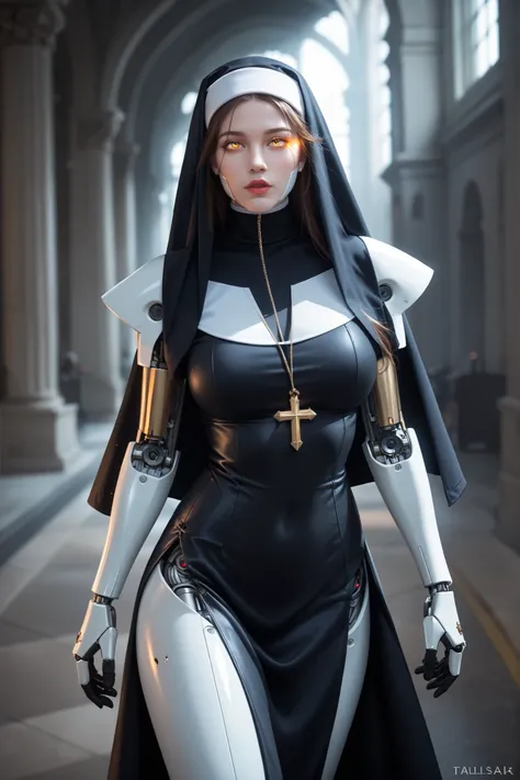 a beautiful A female robot with hyper-massive wearing a lace nun's habit, ultra realistic.A female robot.glowing eyes like camera lenses, mechanical eyes,A cable is connected to the back of her head.She has milk-colored skin, machine hands, machine arms, ...