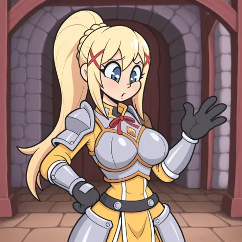 masterpiece, best quality, Rubberhose, toon \(style\ aadarkness, long hair, blonde hair, braid, ponytail, x hair ornament, blue eyes, large breasts, red ribbon, shoulder armor, breastplate, armored dress, yellow dress, wrist guards, black gloves