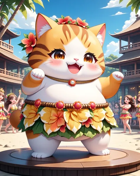 (ultra-detailed animated chibi anime), best quality, clear focus, dramatic scene, cinematic, (ultra-high resolution), perfect anatomy, perfect face, (detailed face), (detailed eyes), (chibi), there are row of girls\(chibi, famous Japanese chibi idol girl, hula dancer, very beautiful and cute but cool face, wearing a traditional Hawaiian outfit, medium breasts\) and cute giant fat cat\(male cat but hula dancer, wearing a traditional Hawaiian outfit, coconut shell bra, adorable giant fat cat, cute, mewing, happy, smile, detailed, detailed eyes\), (row of hula dancer girls and her giant chubby cat are dancing gracefully), on a special stage above the beach, special hula dance show on the decorated stage with professional lighting, surrounded by palm trees, capturing the essence of Hawaii