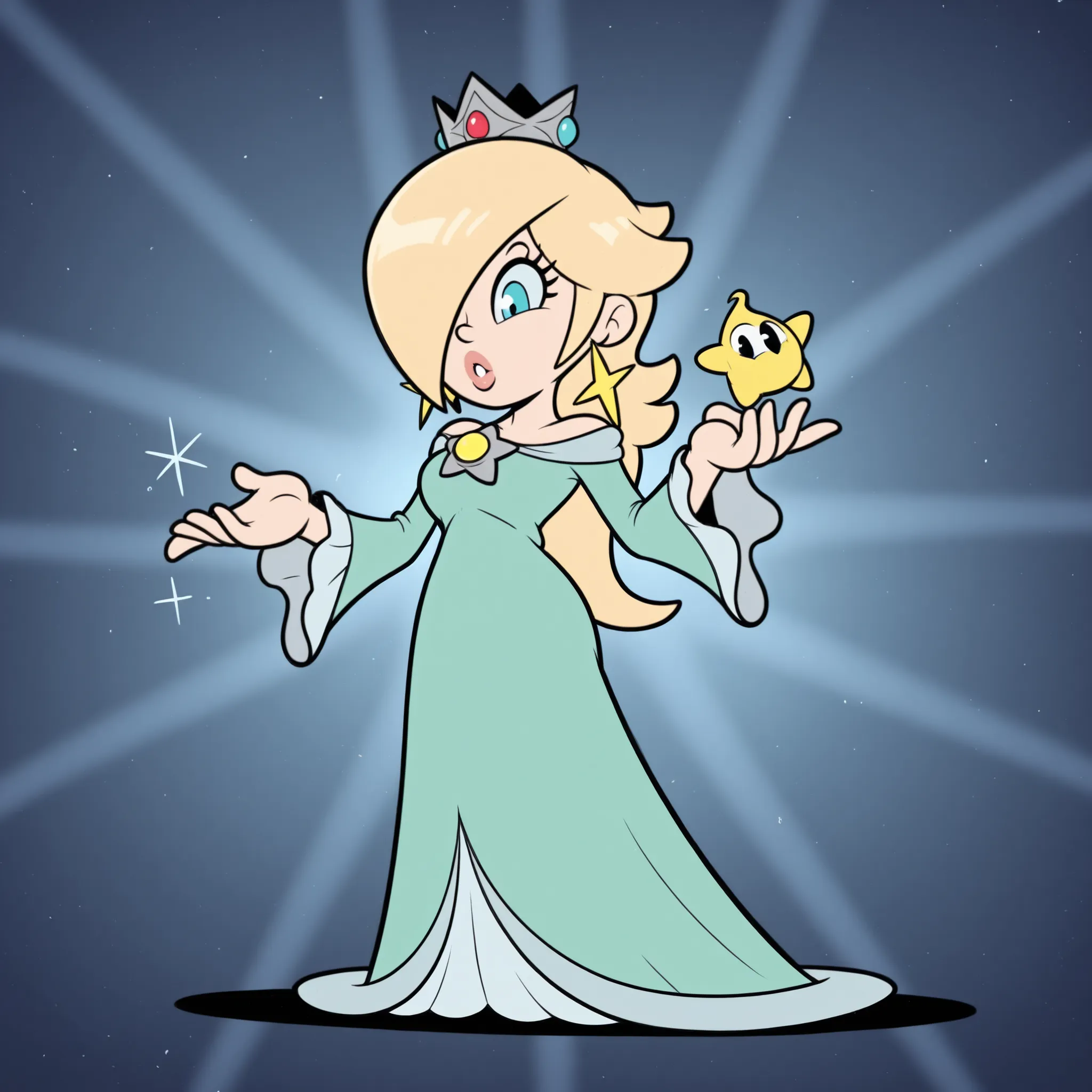 masterpiece, best quality, Rubberhose, toon \(style\ rosalina, blonde hair, blue eyes, hair over one eye, long hair