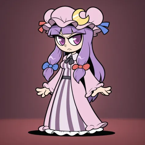 masterpiece, best quality, Rubberhose, toon \(style\) patchouli knowledge, 1girl, solo, purple hair, purple eyes, long hair, mob cap, crescent hat ornament, mob cap,
