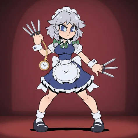 masterpiece, best quality, Rubberhose, toon \(style\) izayoi sakuya, 1girl, solo, grey hair, blue eyes, short hair, side braids, twin braids, braid, breasts,
hair bow, green bow, maid headdress, wrist cuffs, waist apron, white apron, back bow, white bow,...