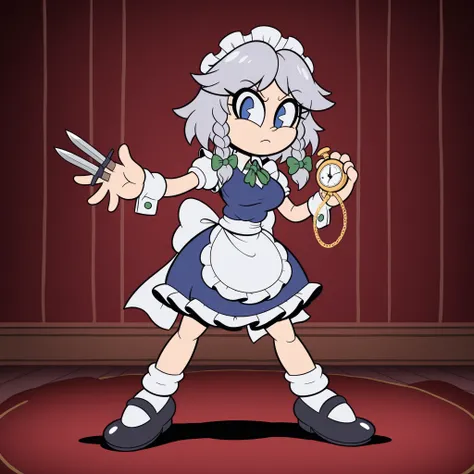 masterpiece, best quality, Rubberhose, toon \(style\) izayoi sakuya, 1girl, solo, grey hair, blue eyes, short hair, side braids, twin braids, braid, breasts,
hair bow, green bow, maid headdress, wrist cuffs, waist apron, white apron, back bow, white bow,...