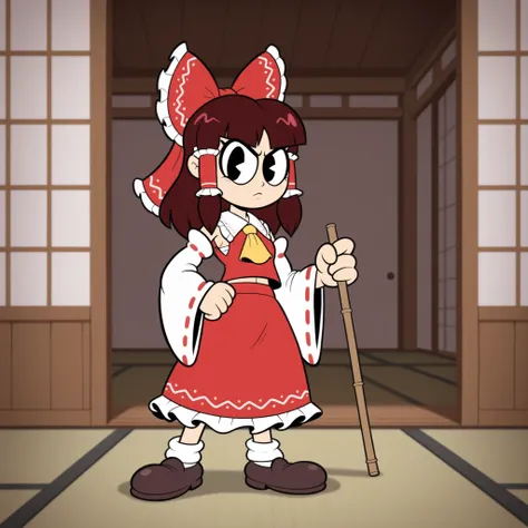 masterpiece, best quality, Rubberhose, toon \(style\) hakurei_reimu,1girl,solo,detached sleeves,hair bow,red bow,ascot,hair tubes,skirt,frills,red skirt,yellow ascot,wide sleeves,standing,frilled bow,red shirt,frilled skirt,ribbon-trimmed sleeves,frilled s...