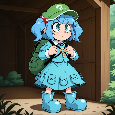 masterpiece, best quality, Rubberhose, toon \(style\) kawashiro nitori, 1girl, solo, aqua eyes, blue hair, short hair, two side up, twintails, hair bobbles,
key, green headwear, flat cap, long sleeves, backpack, blue shirt, blue skirt, skirt set, blue foot...
