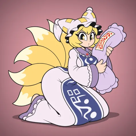 masterpiece, best quality, Rubberhose, toon \(style\) yakumo ran, 1girl, yellow eyes, short hair, blonde hair, multiple tails, fox tail, fox ears
pillow hat, white headwear, ofuda, tabard, white dress, long dress, frills, long sleeves, wide sleeve