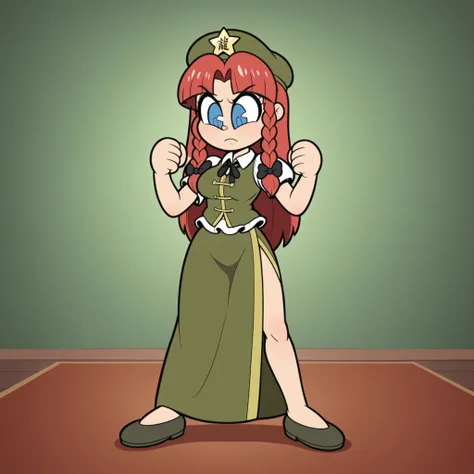 masterpiece, best quality, Rubberhose, toon \(style\) hong_meiling
blue eyes, beret, green vest, short sleeves, red hair, star hat ornament, twin braids, long skirt, side slit