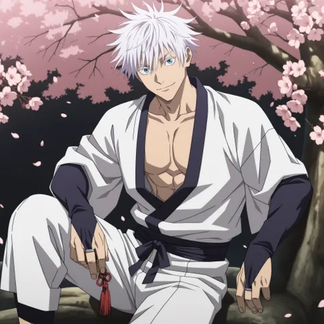 1boy, gojou satoru, jujutsu kaisen, short hair, hair between eyes, blue eyes, muscular, handsome, sexy man, white hair, cool,solo, looking at viewer, holding, closed mouth, sitting,  male focus, flower, japanese clothes, pants, tassel, cherry blossoms, bri...