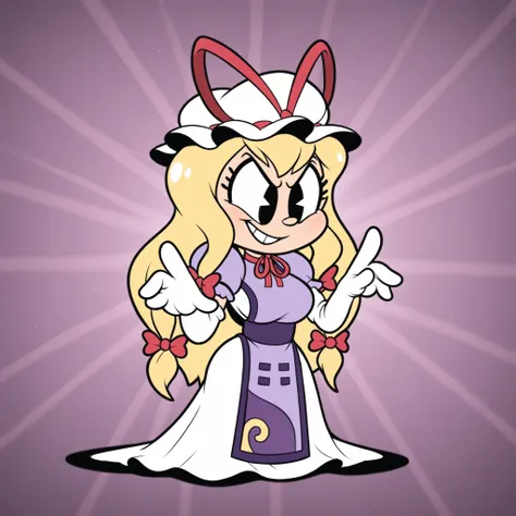 masterpiece, best quality, Rubberhose, toon \(style\) THYukari, mob cap, long blonde hair, hair ribbon, elbow gloves,
purple dress, ribbon choker,
white dress, purple tabard, 
