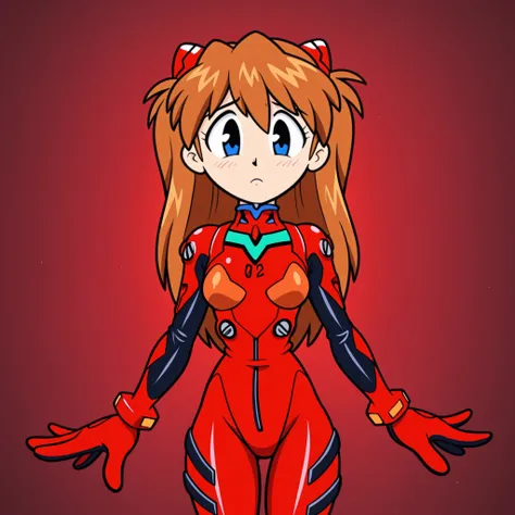 masterpiece, best quality, Rubberhose, toon \(style\) asuka langley soryu, long hair, bangs, blue eyes, brown hair, hair ornament, bodysuit, pilot suit, plugsuit, red bodysuit, interface headset,