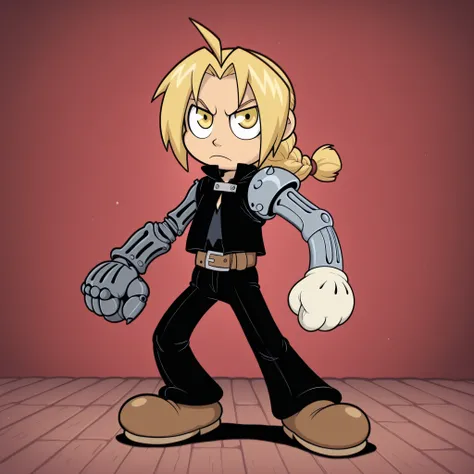 masterpiece, best quality, Rubberhose, toon \(style\) edward_elric, blonde hair, yellow eyes
braid, single braid, braided ponytail
single mechanical arm