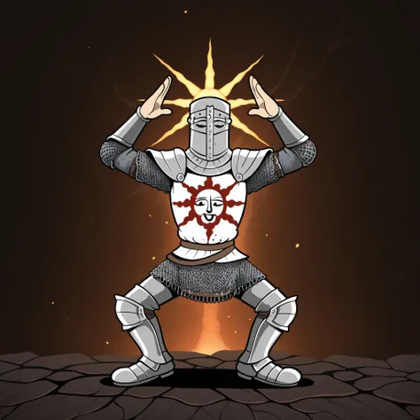 masterpiece, best quality, Rubberhose, toon \(style\) solaire dark souls chainmail armor knight male
praise_the_sun pose