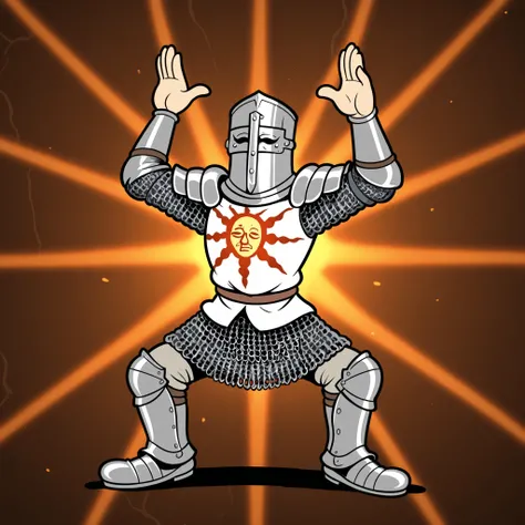masterpiece, best quality, Rubberhose, toon \(style\) solaire dark souls chainmail armor knight male
praise_the_sun pose