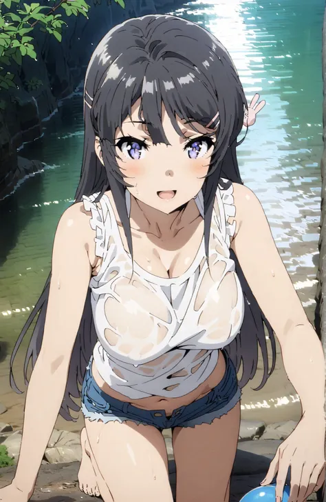 Mai Sakurajima, solo,long hair, Bang, black hair, hair ornament, purple eyes in gla, hair clip, rabbit hair ornament,Big Breasts,smile,blush,open your mouth,standing,tank top,tank topの裾を縛る,belly button out,denim micro shorts,Bare legs,Glowing Skin,see thro...