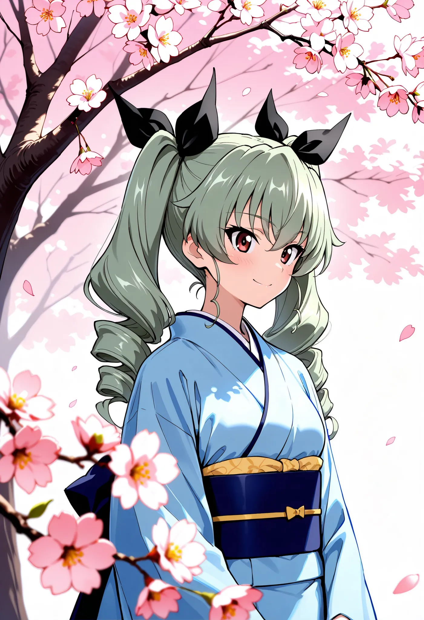 Highest Quality, details, high res, 8k, 超high res, Soft Saturation, 1 girl on break day, solo, anchovy \(girl&panzer)\, drill hair, green hair, twin drill , hair bow, long hair, 非常にdetailsな顔, 非常にdetailsな目, masterpiece , light blue kimono (Japanese kimono...