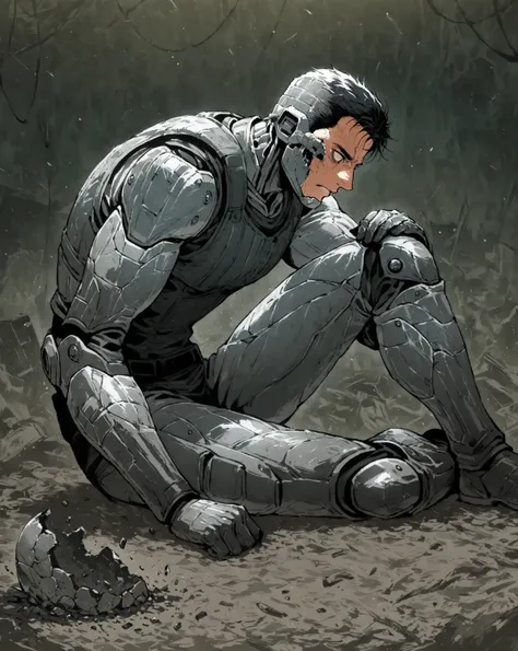 score_9, score_8_up, score_7_up, score_6_up, Perfectly accurate, absolute, Safe For Work, detailed face, perfect face, perfect eyes, beautiful illustration, masterpiece, best quality, newest, solo, Android, broken war (The real steel movie inside him) sitt...
