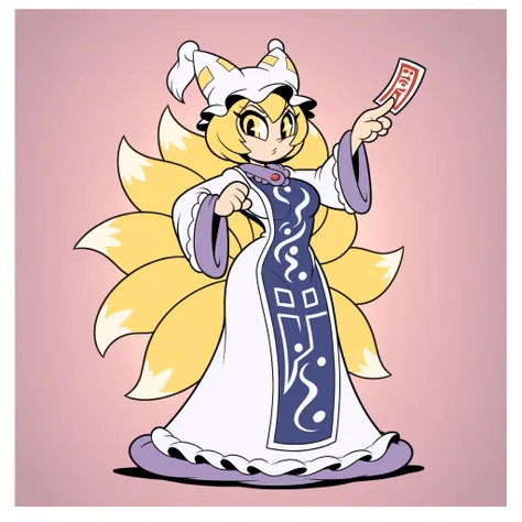 masterpiece, best quality, Rubberhose, toon \(style\) yakumo ran, 1girl, yellow eyes, short hair, blonde hair, multiple tails, fox tail, fox ears
pillow hat, white headwear, ofuda, tabard, white dress, long dress, frills, long sleeves, wide sleeve