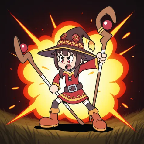 masterpiece, best quality, Rubberhose, toon \(style\  Megumin holding a staff with explosion in background 