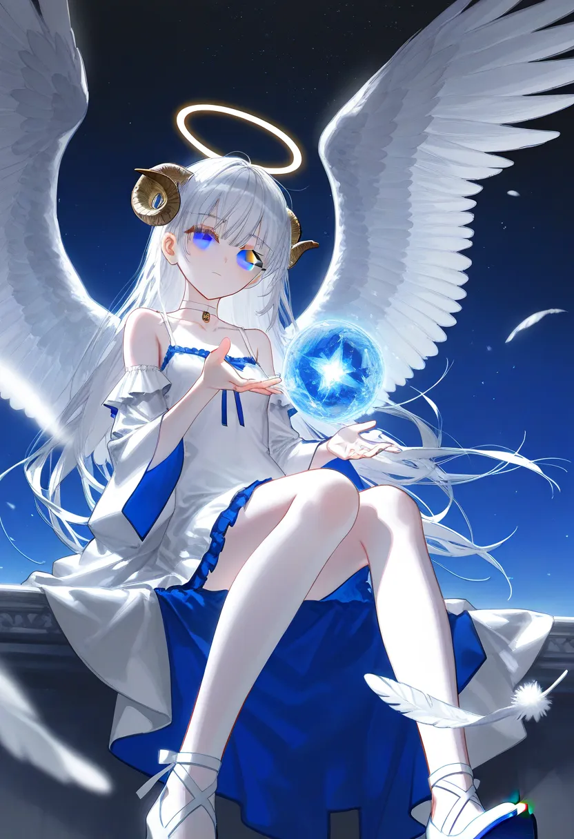 fantasy,[artis:sy4],[artist:fuzichoco],artist:you_shimizu:0.75,artist:nibiiro_shizuka:0.6,artist:ciloranko,artist:chen bin,[artist:ningen_mame],artist:ciloranko,[artist:sho_(sho_lwlw)],colorful,,night,high quality, detailed texture, in the best style of tantalizing, lustful anticipation art.depth of field, light particles, lens flare, (artist:quasarcake:0.8),extreme aesthetic,(wlop:0.6), wanke,rella,wanke,masterpiece,best quality,good quality,very aesthetic,absurdres,Visual impact,Electromotive force, perspective composition, A shot with tension, ultra-high resolution,32K UHD,sharp focus,best quality,masterpiece,Emotionalization masterpiece, unconventional supreme,masterful details,with a high end texture,in the style of fashion photography, (Visual impact:1.2),giving the poster a dynamic and visually striking appearance,impactful picture,offcial art,colorful ,splash of color, movie perspective, masterpiece,best quality,amazing quality,very aesthetic, absurdres,best quality,newest,high_heels,skinny,,wings,1girl,feathered wings,long hair,sitting,white hair,dress,white wings,angel wings,bangs,choker,grey eyes,feathers,collarbone,angel,closed mouth,wide sleeves,frills,shirt,white dress,halo,Sheep horn,