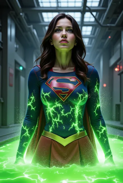 “Ultra-realistic 8K cinematic transformation scene of a brunette woman falling into a glowing pool of radioactive green sludge in a dark industrial lab. The sludge clings to her skin, glowing and pulsing as it fuses with her cells. As she sinks, the toxic ...