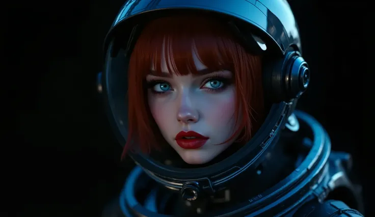 Create a high quality image, (8k, RAW photo, best quality, masterpiece: 1.2), london (azur lane), fantasy_world, 1 girl, 4k, raytracing, detail view of a girl's face in the dark, inspired by space fantasy. She is a 20-year-old woman, she is a futuristic as...