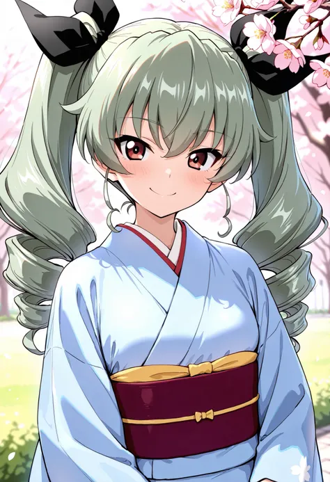 Highest Quality, details, high res, 8k, 超high res, Soft Saturation, 1 girl on break day, solo, anchovy \(girl&panzer)\, drill hair, green hair, twin drill , hair bow, long hair, 非常にdetailsな顔, 非常にdetailsな目, masterpiece , light blue kimono (Japanese kimono...