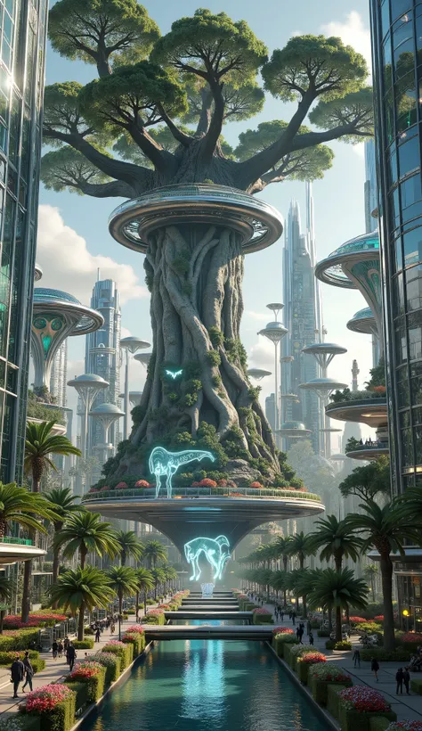 futuristic city reclaimed by nature: massive ancient trees pierce through floating glass platforms, holographic animals roam the streets, and solar-paneled canopies filter sunlight into emerald hues, Unreal Engine 5 render."**