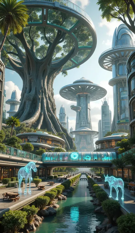futuristic city reclaimed by nature: massive ancient trees pierce through floating glass platforms, holographic animals roam the streets, and solar-paneled canopies filter sunlight into emerald hues, Unreal Engine 5 render."**