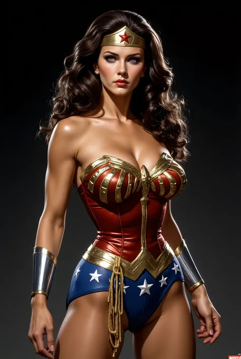 escape full body visible from head to toe head visible feet Wonder Women ; . dark version beautiful sexy cool provocative looking with head slightly turned down tall athletic figure shapely calves large breasts thin waist broad shoulders blue piercing eyes...