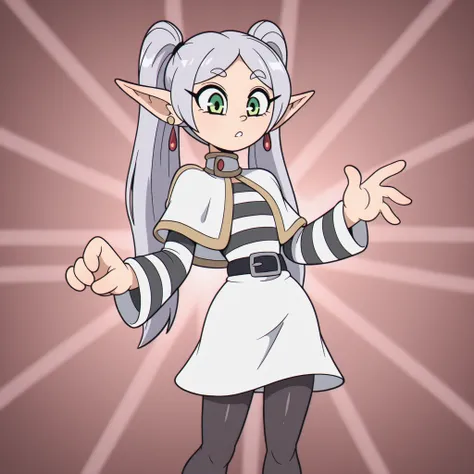 masterpiece, best quality, Rubberhose, toon \(style\) , grey hair, long hair, green eyes, twintails, parted bangs, earrings, pointy ears
FrierenCasual, striped shirt, white capelet, black belt, white skirt, long sleeves, black pantyhose