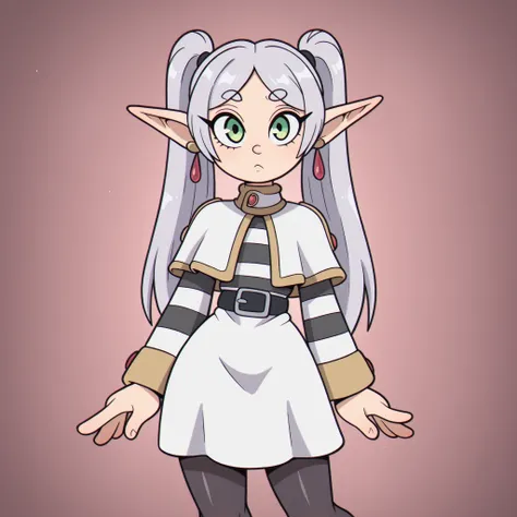 masterpiece, best quality, Rubberhose, toon \(style\) , grey hair, long hair, green eyes, twintails, parted bangs, earrings, pointy ears
FrierenCasual, striped shirt, white capelet, black belt, white skirt, long sleeves, black pantyhose