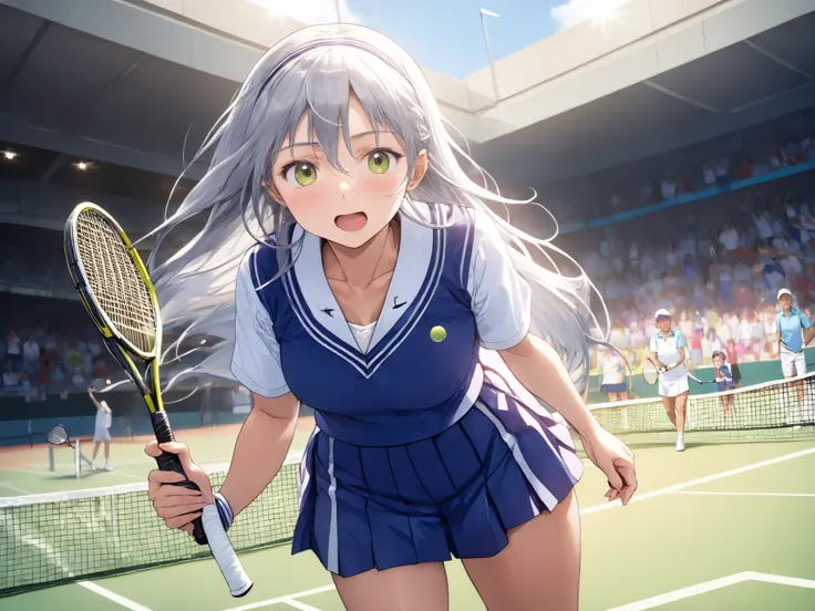 ((((masterpiece)))), high quality, very_high_resolution, large_filesize, full color,(((Japanese、Long hair、female、elderly mature woman)))、Big Breasts、 Big Castle 、(((((tennis uniform)))))、interior、beauty in return,((cum on clothes,cum on leg)),cum on head,c...