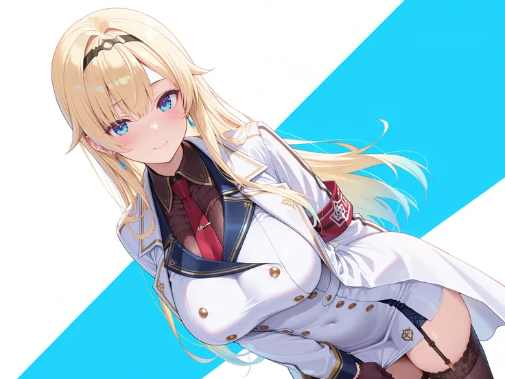 masterpiece,best quality, amazing quality, highres, absurdres, very aesthetic, high resolution, ultra detailed, perfect details,EmaMilitary, long hair, hairband, earrings, short dress, necktie, gloves, white coat, garter straps, thighhighs,,anime keyvisual...