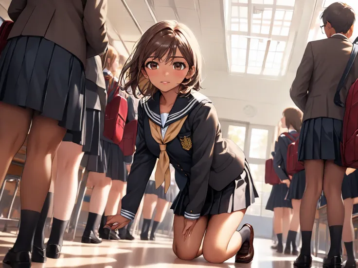 ((((masterpiece)))), high quality, very_high_resolution, large_filesize, full color,((( Indian、brown skin、female、elderly mature woman)))、Big Breasts、 Big Castle 、(((((school uniform)))))、interior、beauty in return,((cum on clothes,cum on leg)),cum on head,c...