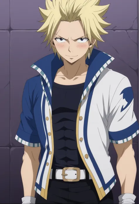 Sting Eucliffe, StingFT, blonde hair, light yellow Sting, close-up, looking at viewer, tsundere expression, blushing, shy smile, slightly averted gaze, closed mouth, score_9, score_8_up, score_7_up, source_anime, 1boy, male focus, anime screencap, official...