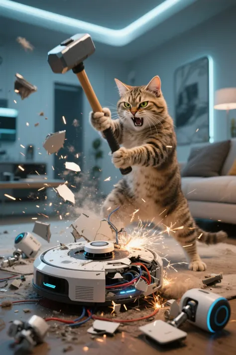A furious cat standing upright like a human, wielding a heavy hammer in its paws, smashing an advanced smart robotic vacuum cleaner into pieces. The robot vacuum is heavily damaged, sparks and wires coming out, broken panels lying around. The cat has wild, angry eyes and its fur is puffed up in rage. The scene is set in a futuristic home interior, with some floating dust and scattered robot parts around. A humorous yet dramatic atmosphere, cinematic lighting, dynamic composition