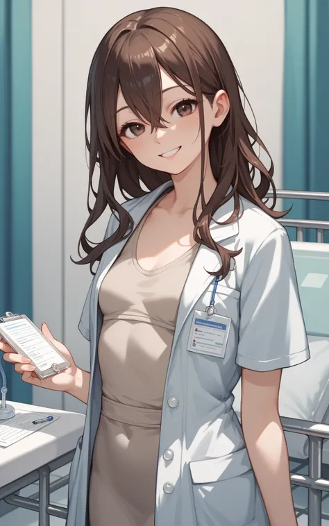 female, dark brown hair, hair between eyes, long hair, dark eyes, hospital, doctor, Smile, small breast, anime,