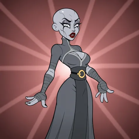 masterpiece, best quality, Rubberhose, toon \(style\) asa11, 1girl, grey skinned woman, dark red lips, tattoos on face, grey eyes, makeup, bald
black dress with high collar, open cheast, waist bandages, arm bandages, belt, long skirt,