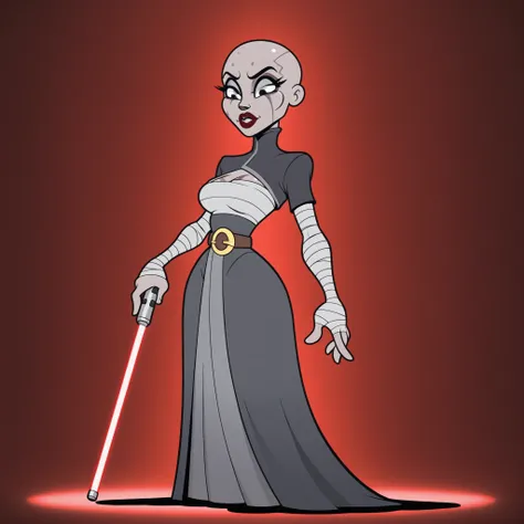 masterpiece, best quality, Rubberhose, toon \(style\) asa11, 1girl, grey skinned woman, dark red lips, tattoos on face, grey eyes, makeup, bald
black dress with high collar, open cheast, waist bandages, arm bandages, belt, long skirt, with red lightsaber