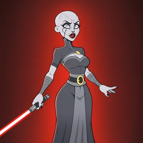 masterpiece, best quality, Rubberhose, toon \(style\) asa11, 1girl, grey skinned woman, dark red lips, tattoos on face, grey eyes, makeup, bald
black dress with high collar, open cheast, waist bandages, arm bandages, belt, long skirt, with red lightsaber