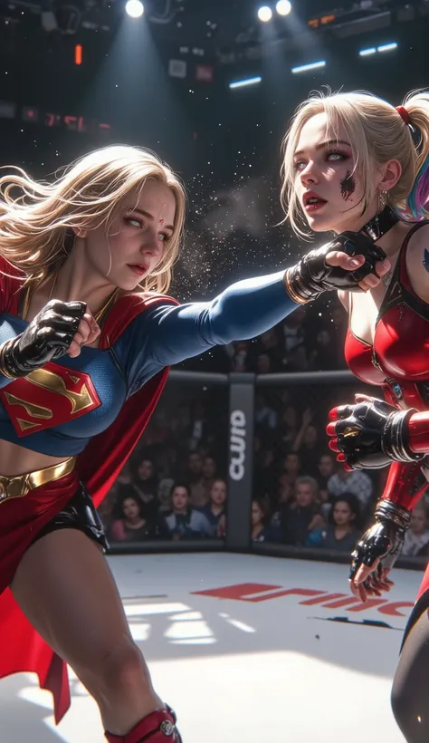 A hyper-realistic, ultra-detailed 8K cinematic image capturing the explosive moment Supergirl lands a powerful punch directly to Harley Quinn’s face inside a UFC-style octagon.

Supergirl:

Supergirl is mid-punch, her Kryptonian-gloved fist fully extended ...