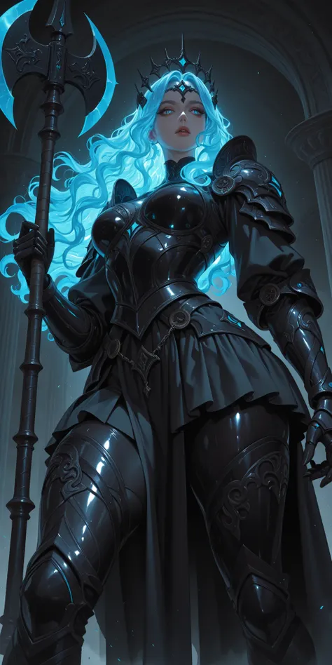 Woman, warrior, large axe weapon, intricate axe, shine, wavy hair, tight, thicc, view from below, ornate hair accessories, holding an axe in the other hand, tight, thicc, sexy, black skirt, glossy skirt, glowing hair, action, glossy armor, black armor, wir...