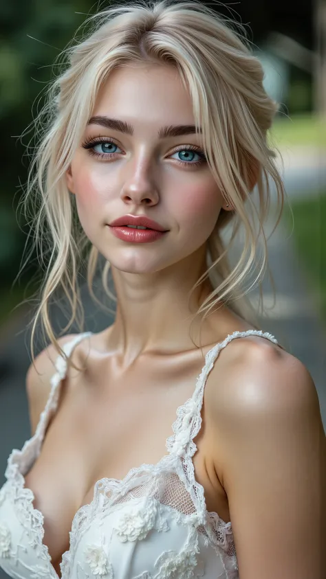 realistic ((photorealism)), ハイパーhigh res, (( super crazy quality , epice masterciece , exquisitely detailed digital art)),((focus on extremely realistic Proportion Body:1.3),"Portrait of {Blue Eyed Woman, wear a dress, Standing in the garden}."(ultra rea...