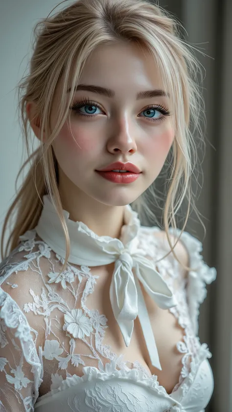 realistic ((photorealism)), ハイパーhigh res, (( super crazy quality , epice masterciece , exquisitely detailed digital art)),((focus on extremely realistic Proportion Body:1.3),"Portrait of {Blue Eyed Woman, wear a dress, Standing in the garden}."(ultra rea...