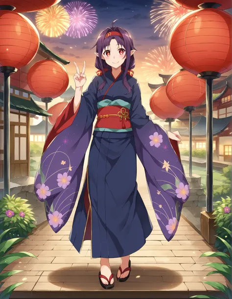  yuuki konno,stupid hair, long hair, Pointy ears, purple hair, Red Eyes,low twin tails,Purple flower pattern kimono ,smile,blush,grinning,peace sign,Light up fireworks,Red Lanterns,Japanese stalls ,standing,full bodyがイラストに入るように,in their 40s looking at view...